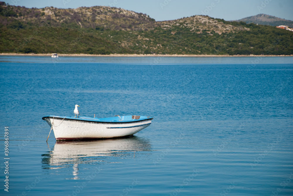 Empty boat with seagull with shore and hills in the background Empty boat with seagull with shore and hills in the background