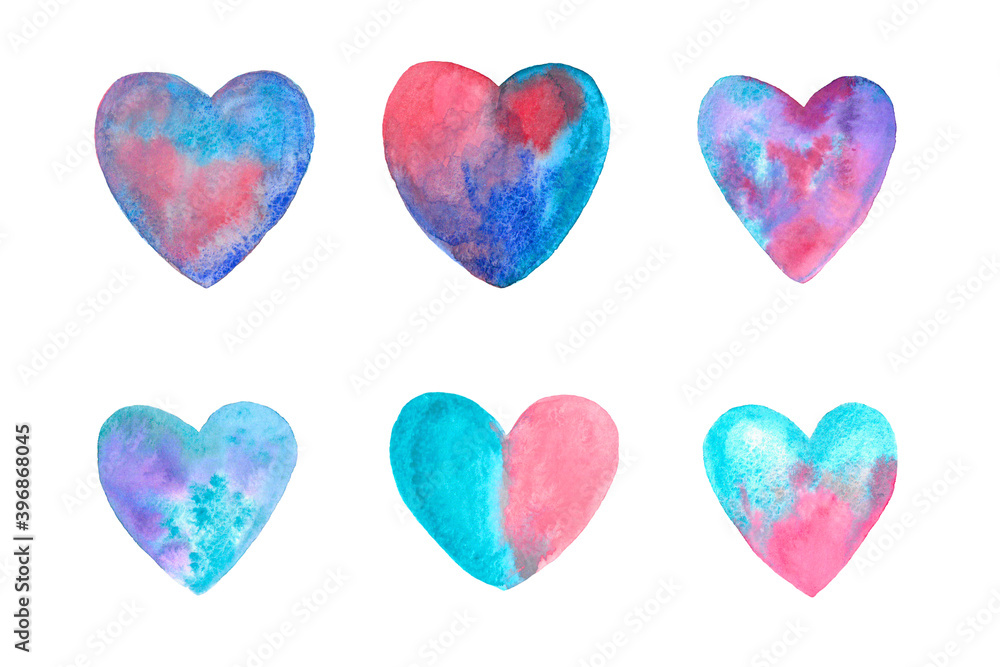 set of watercolor hearts six