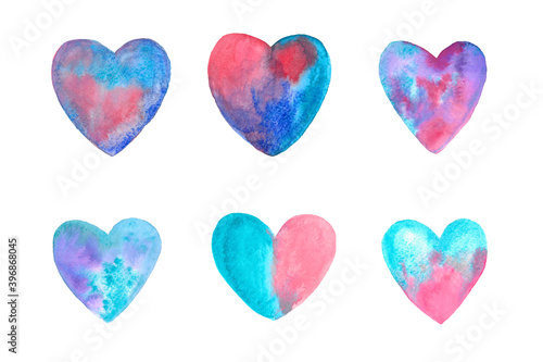set of watercolor hearts six