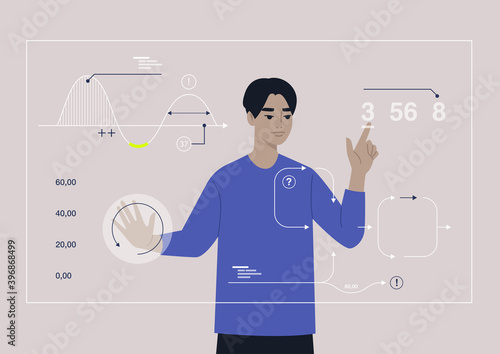 Sci-fi technologies, a young male Asian character working on a hologram augmented reality display