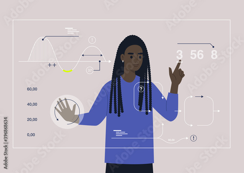 Sci-fi technologies, a young male Black character working on a hologram augmented reality display
