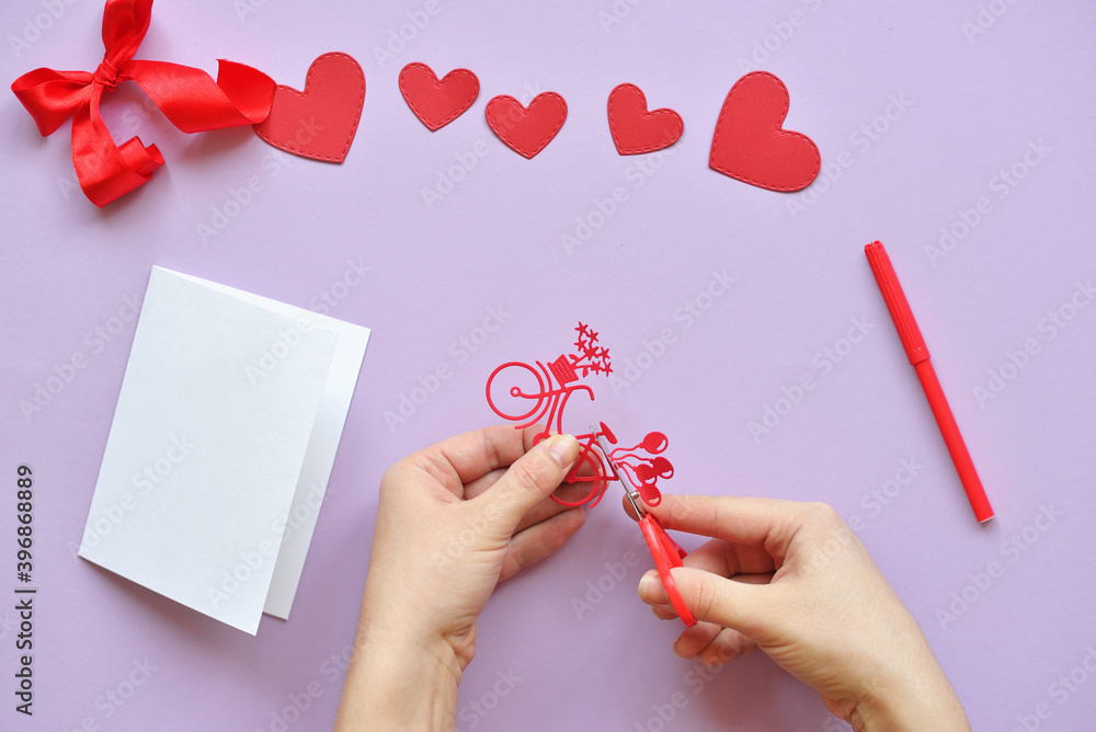 DYI master - class on creating cards for Valentine's Day. scrapbooking with ruling board and cutting from red cardboard. Craft tools and supplies. Step-by-step instructions. Do it yourself. Step 6 DYI master - class on creating cards for Valentine's Day. scrapbooking with ruling board and cutting from red cardboard. Craft tools and supplies. Step-by-step instructions. Do it yourself. Step 6