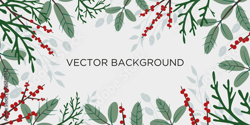 Flat vector Christmas background with branches of conifers and red ilex berries good for winter holidays banners