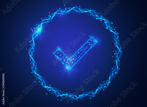 Wireframe of geometric checkmark polygonal design. Low poly wireframe digital vector illustration. Accepted, Approved, Yes, Right, Green, Correct. 
 Futuristic concept on blue background.