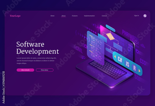 Software development isometric landing page. Website or program coding cross platform, algorithm programming languages interface on computer screen, technology process, app creation 3d vector banner