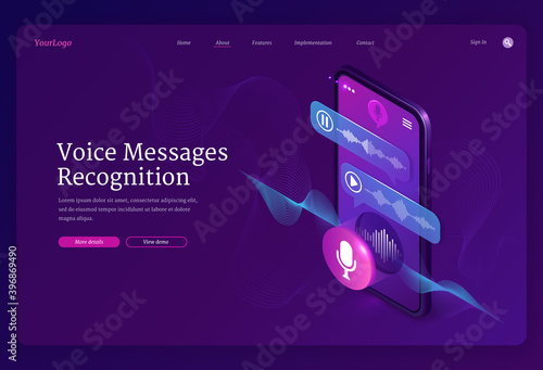 Voice messages recognition banner. Mobile application for recording sound, dictate messages and speech. Vector landing page with isometric illustration of smartphone with voice chat and microphone