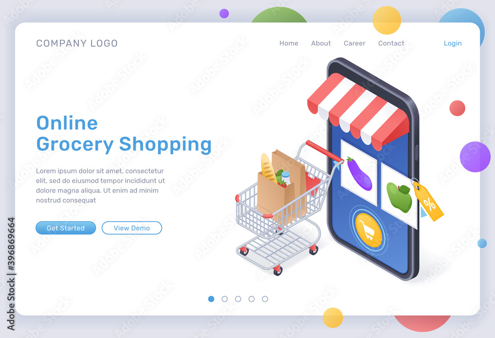 Online grocery shopping isometric landing page, digital store for food purchasing, goods in trolley at huge smartphone with internet market mobile app on screen. Cyber shop 3d vector web banner