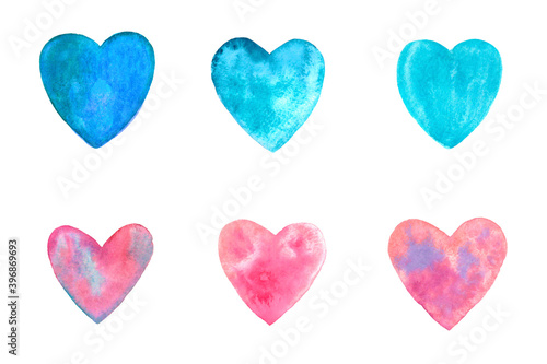 set of watercolor hearts six two