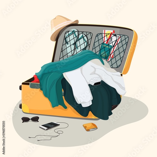 Open travel suitcase. Clothes piled in a pile Things are not neatly stacked. Wrongly packed suitcase for trip or vacation. Wallet, phone and glasses are lying on the floor. Vector illustration.