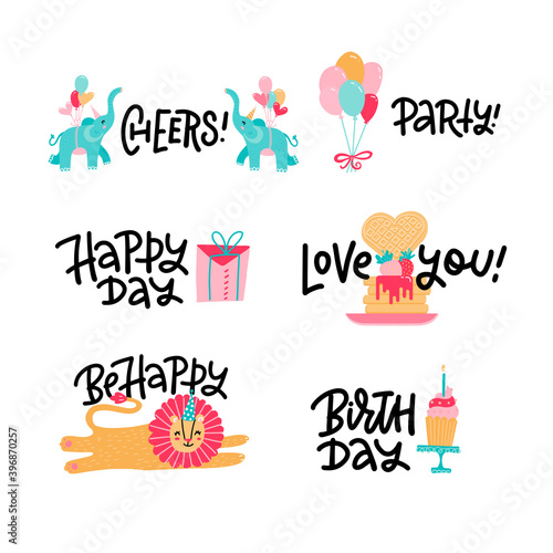 Children s greeting stickers set  birthday party labels. Colorful inscriptions for the holiday with flat illustrations. Elements for decoration with lettering.