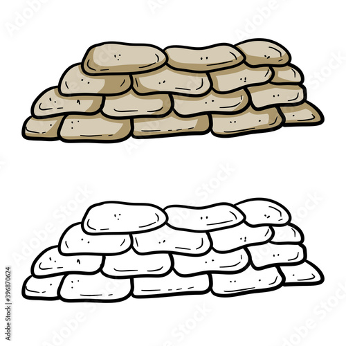 Barricade of sandbags. Fortified point. Defense construction. Modern warfare. Wall of the bag. Outpost and barrier. Set of cartoon illustration