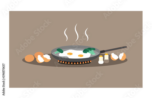 Cute fried egg wish broccoli on a pan, broken egg, eggshell. Food, Breakfast cartoon concept. Flat vector illustration, isolated objects.