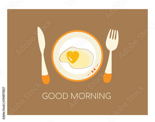 Cute fried egg, heart shape. Food, Breakfast cartoon concept. Flat vector illustration, isolated objects.