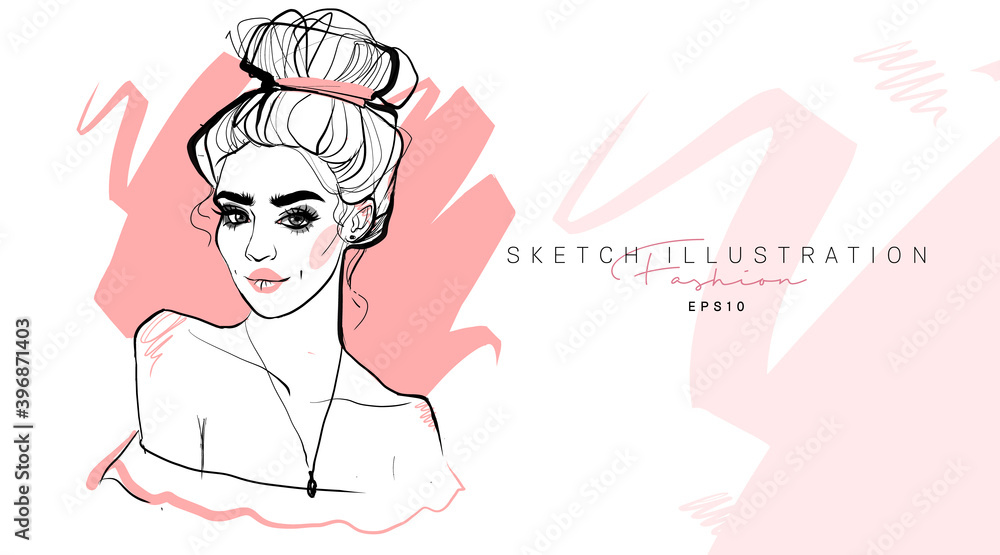 Fototapeta premium Fashion girl hand drawn. Sketch woman. Stylish girl look.