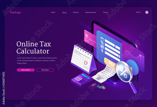Online tax calculator banner. Concept of income audit, digital finance analysis and taxation payments. Vector landing page with isometric accounting form on computer monitor, receipt and credit card