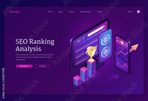 SEO ranking analysis banner. Digital analytics of search engine optimization of content. Vector landing page with isometric charts and graphs on computer and mobile screen