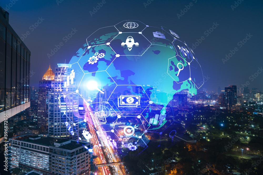 Night time cityscape of big city view background with Research and development theme drawing hologram. Data concept. Multiexposure Night time cityscape of big city view background with Research and development theme drawing hologram. Data concept. Multiexposure