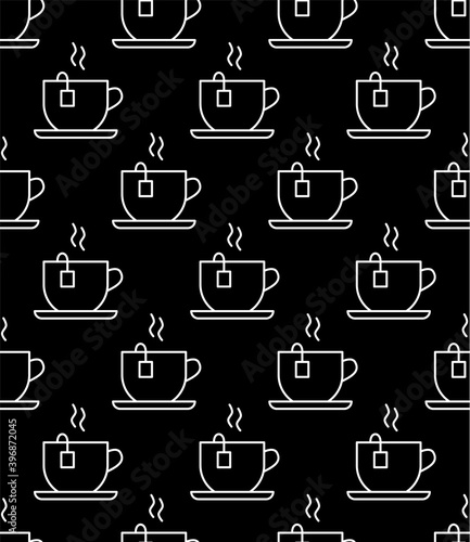 Coffee cup seamless pattern. Sketch tea and coffee cups, hot drinks various mugs black outline, cafeteria wallpaper engraving vector texture. Takeaway paper cups, design for coffee house
