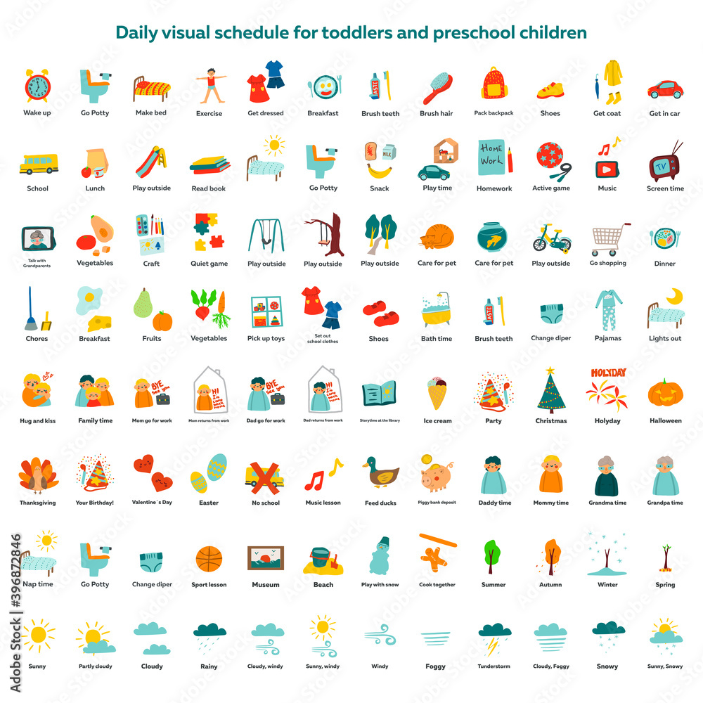 Daily visual schedule for toddlers and preschool children. Childish vector illustration in cartoon style - obrazy, fototapety, plakaty 