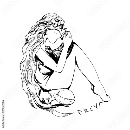 Hand drawn Illustration of Freya Norse goddess of love and beauty hugs her two cats. Scandinavian mythology. Strong woman vector concept