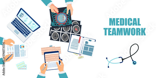 Vector of a group of doctors working as a team on patient diagnosis and treatment