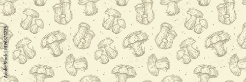 Colored seamless pattern wallpaper. Vector illustration of mushrooms. Autumn mushroom picking for vegan food and cooking design