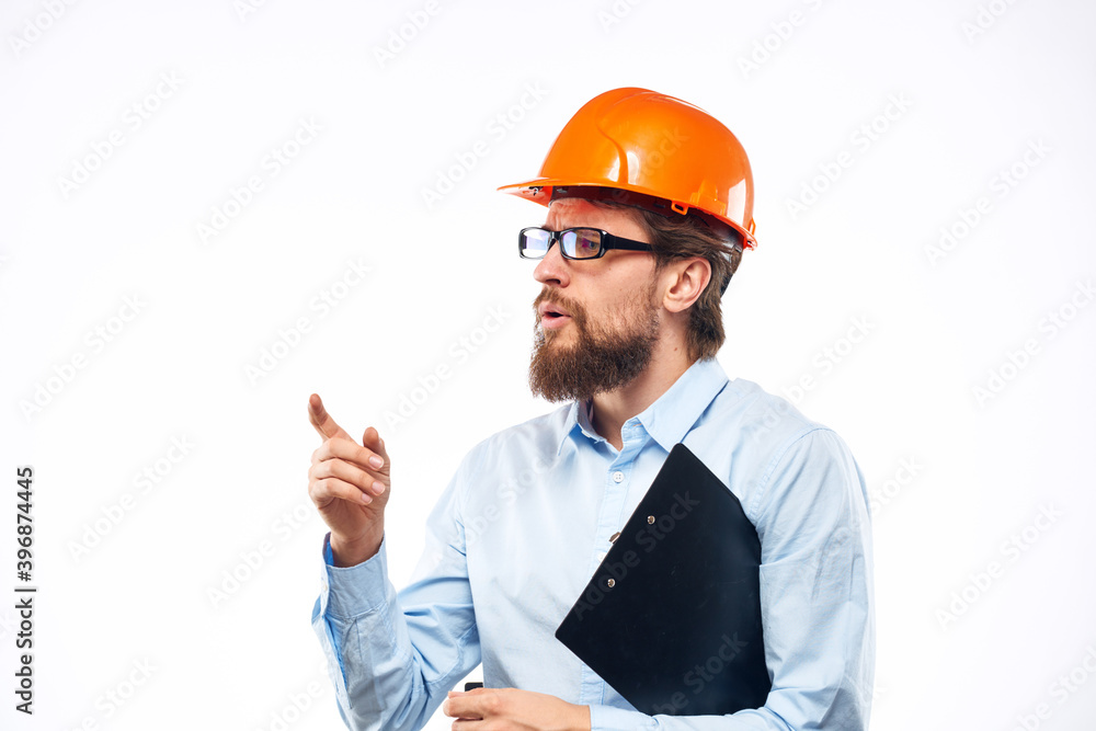 Business man in orange paint security documents providing services Business man in orange paint security documents providing services