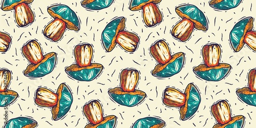 Colored seamless pattern wallpaper. Vector illustration of boletus. Autumn mushroom picking for vegan food and cooking design