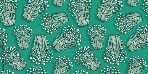 Colored seamless pattern wallpaper. Vector illustration of enoki. Autumn mushroom picking for vegan food and cooking design