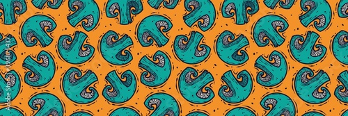 Colored seamless pattern wallpaper. Vector illustration of champignon. Autumn mushroom picking for vegan food and cooking design