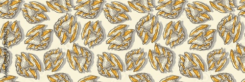 Colored seamless pattern wallpaper. Vector illustration of oyster. Autumn mushroom picking for vegan food and cooking design