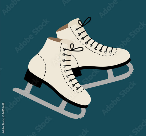 Vector illustration of white holiday winter skating on a blue background. Christmas and New Year holiday decoration. Winter active outdoor sport. Hand-drawn Ice Skates.
