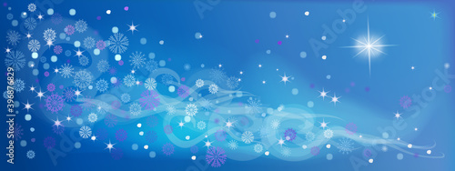 A fabulous Christmas snowstorm with snowflakes and sparkles on a blue background the color of the twilight sky. Vector illustration for invitations, new year greeting cards, banner advertising design.