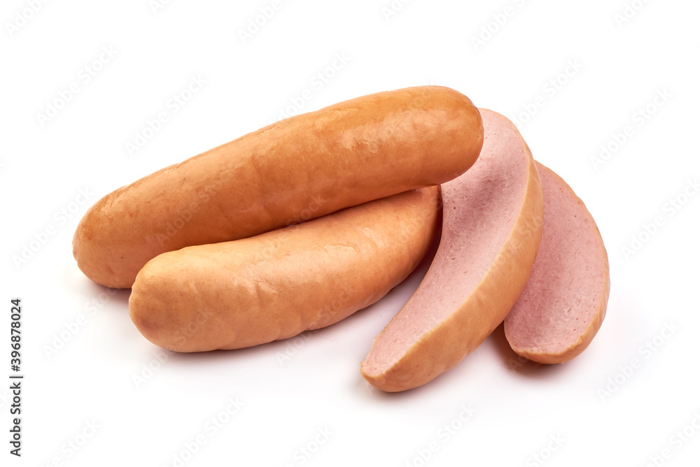 Boiled pork sausages, isolated on white background Boiled pork sausages, isolated on white background