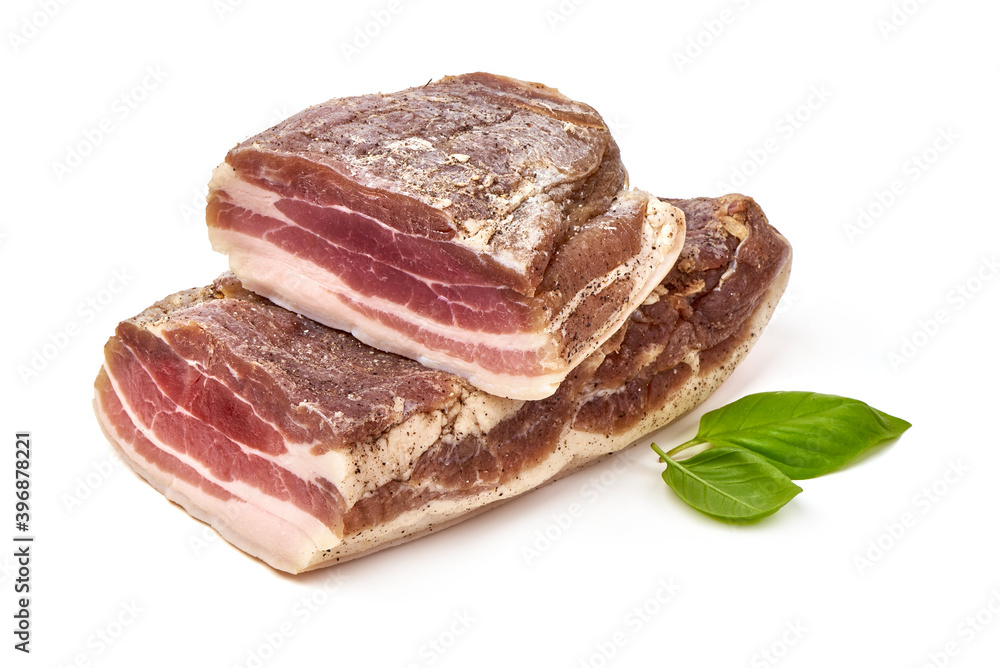 Homemade Chunks of salted bacon, isolated on white background Homemade Chunks of salted bacon, isolated on white background