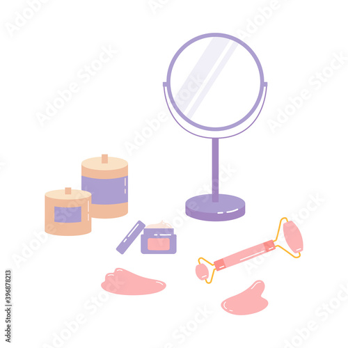 Skin care products for SPA. Vector set of massage roller, gua sha, face oil bottle, mirror isolated on white background. Home beauty routine essensials concept. Flat vector hand drawn illustration. 