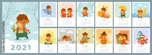 Ox calendar. 2021 bull planner. Cover and 12 monthly pages. Printable posters, cards for kids. Kawaii chinese symbol of new year. Cute cartoon style. Vector illustration.