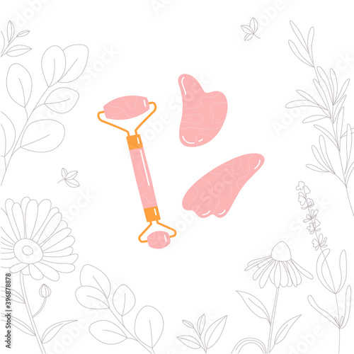 Skin care products for SPA. Vector set of massage roller, gua sha stone isolated on white background with flowers. Home beauty routine concept. Flat vector hand drawn illustration. 