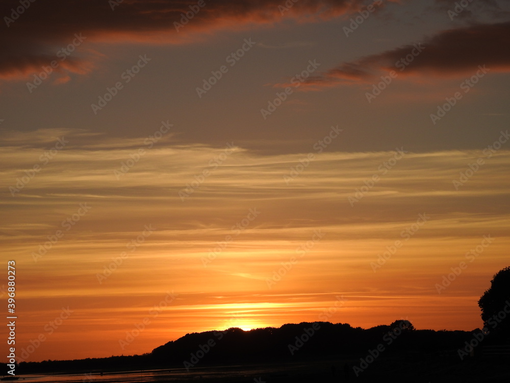 Sunset over the bay and horizontal lines Sunset over the bay and horizontal lines