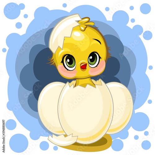 A little chick hatched from an egg. Funny chick. Cute and funny baby bird. The isolated object on a white background. Illustration. Cartoon style. Vector