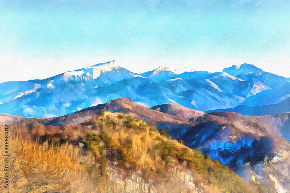 Beautiful mountain landscape at Caucasus mountains colorful painting looks like picture.