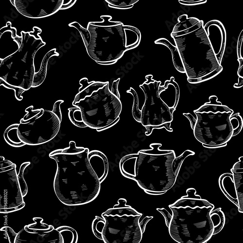 teapots outline chalk hand drawn vector isolated seamless pattern on dark background. Concept for wallpaper wrapping paper, menu