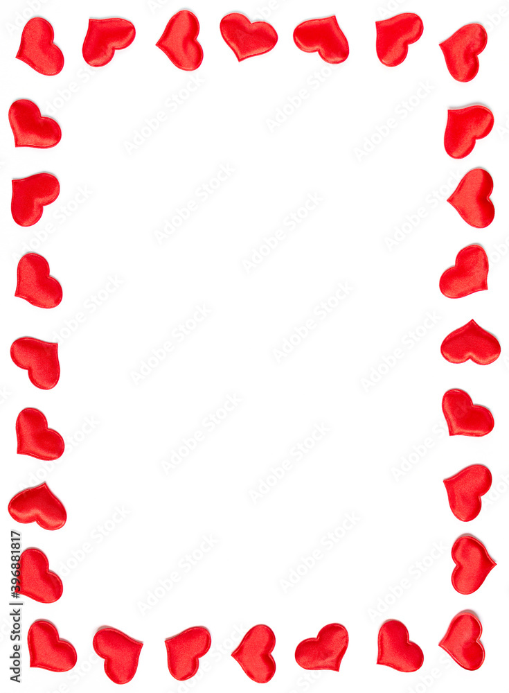 vertical frame made of red hearts isolated on white background, Valentines day concept