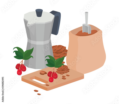 coffee moka pot, cutting board and bag of powder coffee