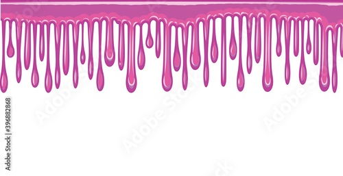 Beads of pink liquid. The paint runs off thickly. Jelly. The drops slide. The isolated object on a white background. Frame. Vector