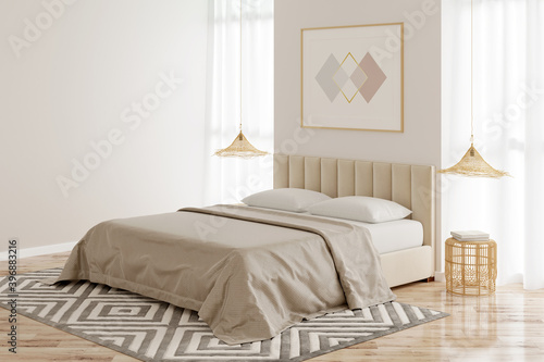 Interior of a beige bedroom with a horizontal poster on the wall between two windows, a bed with wicker chandeliers over bamboo bedside tables, and a beige carpet on the parquet floor. 3d render photo