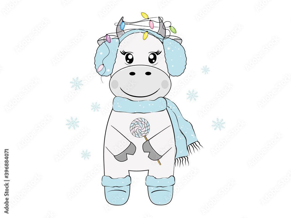 Cute bull in headphones and scarf with garland on its horns. Vector illustration. Cute bull in headphones and scarf with garland on its horns. Vector illustration.