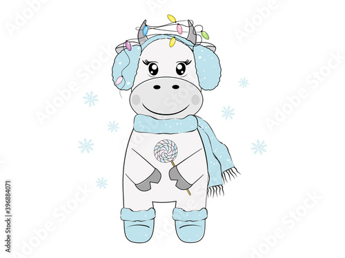 Cute bull in headphones and scarf with garland on its horns. Vector illustration. 