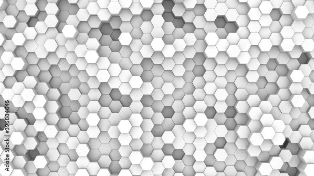 Abstract white background of moving hexagons. Monochrome futuristic pattern in white, gray and black colors. Seamless loop animation. 3d rendering. Abstract white background of moving hexagons. Monochrome futuristic pattern in white, gray and black colors. Seamless loop animation. 3d rendering.