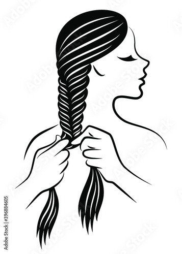 Silhouette profile of the head of a lovely lady. The girl braids her long hair in braids with her hands. Vector illustration.